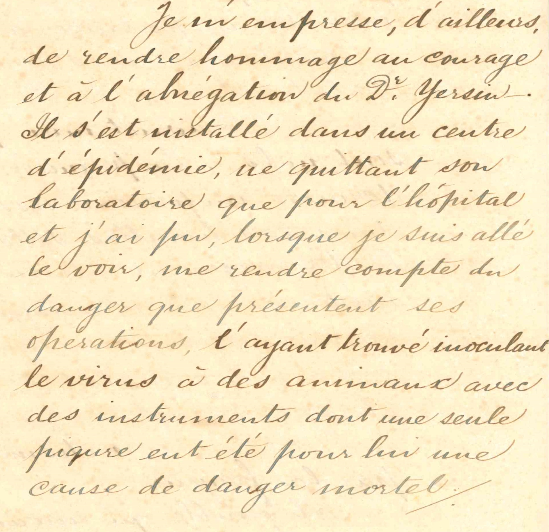 Lettre du Consul de France à Hongkong au ministre des Colonies (copie), Hongkong 26 juin 1894 (extrait) dans « Tonkin : dossiers divers. Epidémie de peste à Hongkong et autres ports de Chine. Mission scientifique du Docteur Yersin à Hongkong (1894) »